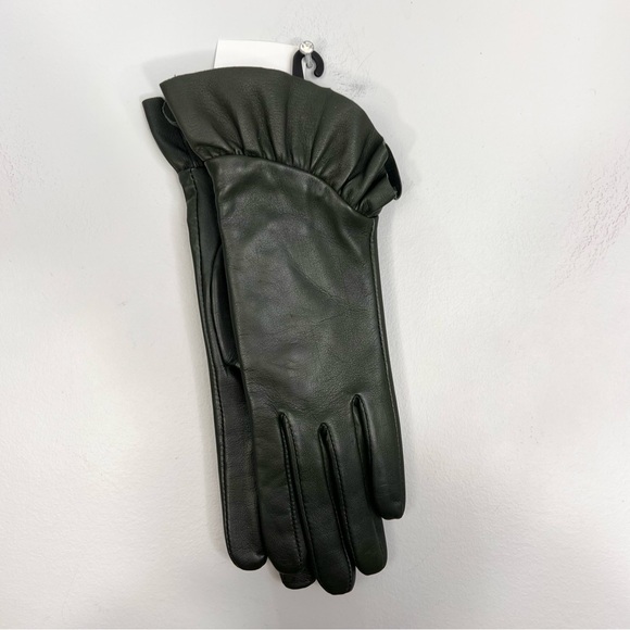 NWT Etereo dark green genuine leather fleece lined old money ruffle gloves 6.5 - Picture 2 of 11